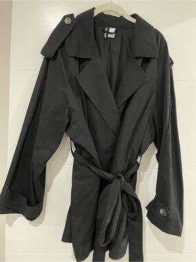 H&M Black Trench Coat with Tie Belt and Epaulets